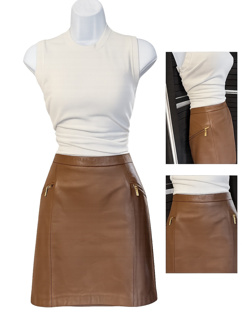 Vintage 90s Y2K Sun Proper Genuine Leather Mini Skirt Brown Size 6